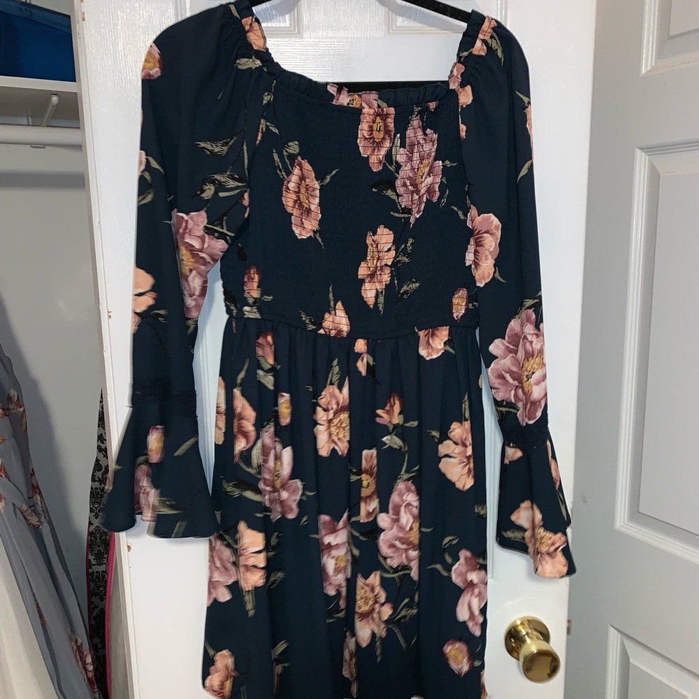 Comfortable, flowy, navy blue and floral dress!